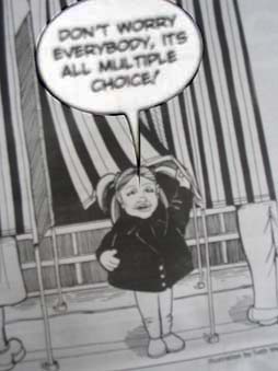 cartoon van meisje voor stemhokje met de tekst: don't worry, it's all multiple choice